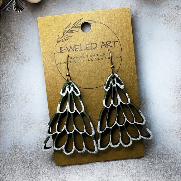 Jeweled Art Jewelry - Jeweled Art Loopy Christmas Tree Snowy Hand-Painted Wood Earrings
